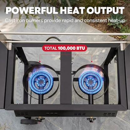 Feasto Outdoor Propane Deep Fryer with Rolling Cart, Dual Tank Fish Fryer with 2 Independent Burners, 100,000 BTU, 4-Gal Oil Capacity, Frying Station with Baskets for Fish, Fries & Chicken