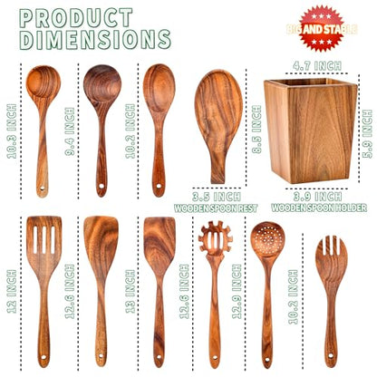 Wooden Spoons for Cooking, Acacia Wood Cooking Utensils Set – 11 Piece Wooden Kitchen Tools with Holder, Spoon Rest, Nonstick Cookware Safe by HOWHONG