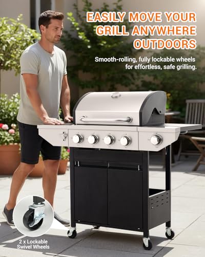 EUHOME 4-Burner Propane Gas BBQ Grill with Side Burner, 46,500 BTU Output Stainless Steel Barbecue Grill with Enameled Cast Iron Grates and Side Tables for Outdoor Cooking Kitchen and Patio Backyard