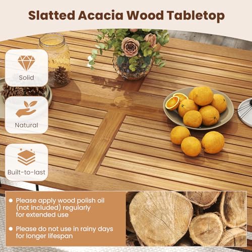 Tangkula 6 Pieces Patio Dining Table Set, Outdoor Rectangular Acacia Wood Table with 1.97” Umbrella Hole & Cushioned Backless Bench & 4 Armchairs, for Garden, Deck, Yard