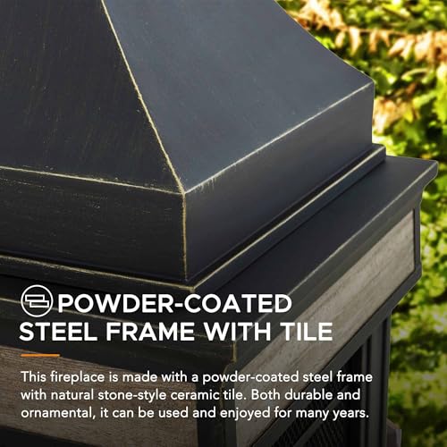 Sunjoy Outdoor Fireplace, Stone Look Tile Patio Wood Burning Steel Fireplace with Chimney, Spark Screen, Fire Poker, Rain Cover, and Removable Grate, Black with Golden Highlight