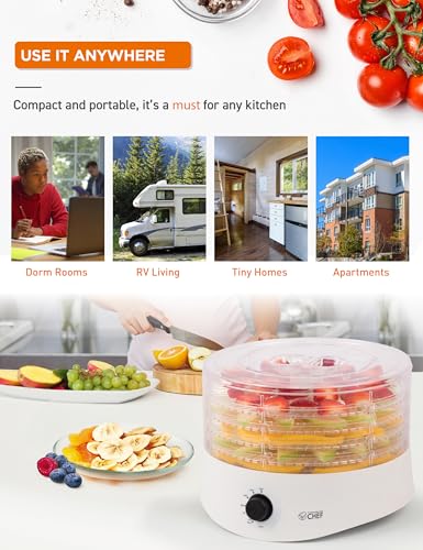 Commercial Chef Food Dehydrator, Five 9.25” BPA-Free Plastic Trays, Dehydrates and Dries Meat, Fruit, Veggies and Jerky, 280W Dehydration Machine, Adjustable Thermostat, CCD100W6, White