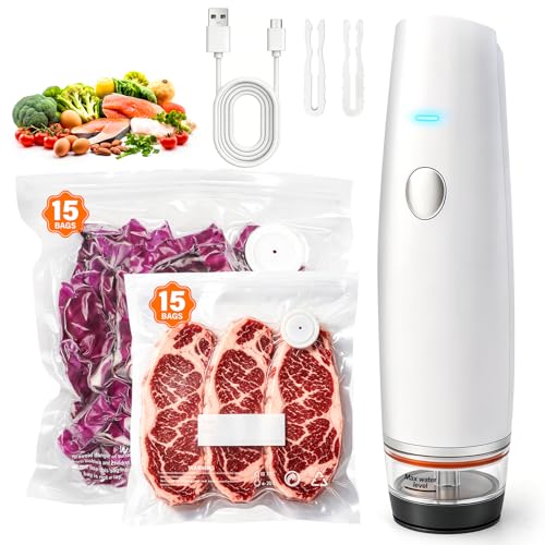 -80kPa Compact Vacuum Sealer for Food (Vacuum Sealer Machine + 30 Reusable Bags), Cordless Handheld Vacuum Sealer Machine Portable Mini Food Sealer for Sous Vide & Meal Prep-White