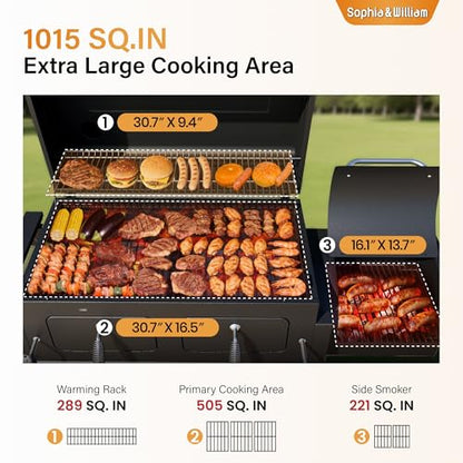 Sophia & William Extra Large BBQ Charcoal Grills and Offset Smoker,1015 SQ.IN. Cooking Area with Dual Lifting Charcoal Trays, Charcoal Barbecue Smoker Grill for Patio, Backyard Outdoor Cooking