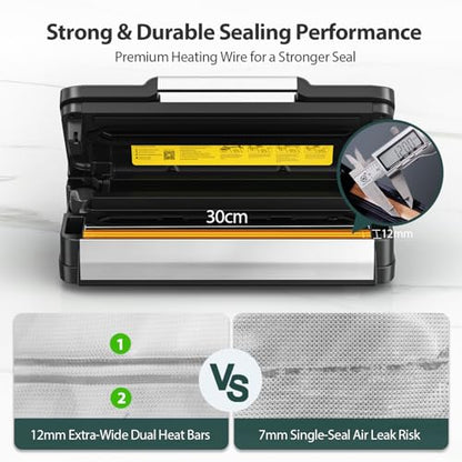 95kPa Vacuum Sealer Machine with AquaLock Technology, Dual-Pump Automatic Food Sealer for Dry & Moist Foods, Double Heat Seal, Built-in Cutter, Bag Storage & Accessory Hose,2 Bag Rolls,Stainless Steel