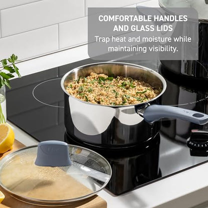 T-fal Essentials Stainless Steel Cookware Set 12 Piece, Induction Compatible, Oven Safe 350F, Cooking Set w/Stewpots, Stockpot, Saucepan, Lids & Tools, Measuring Marks, Dishwasher Safe, Silver/Blue