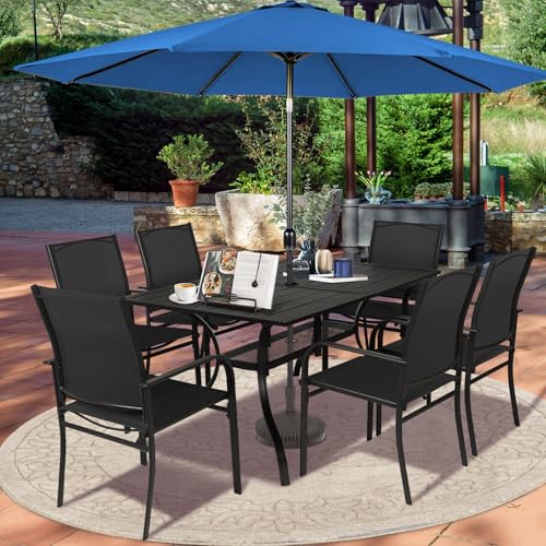 SUNCROWN 8 - Piece Outdoor Dining Set, Patio Furniture Set with 6 Textilene Dinning Chairs, 1 Rectangle Metal Table and 1 Dark Blue 9Ft Patio Umbrella for Lawn Garden Backyard Deck, Black