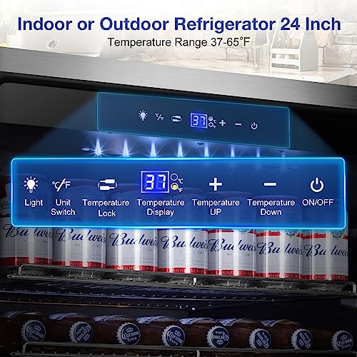 Tylza Outdoor Refrigerator 24 Inch Wide, Stainless Steel Beverage Refrigerator 176 Can for Undercounter Built-in or Freestanding, for Home and Patio, Water Proof, Fast Cooling, Low Noise, 37-65 °F