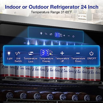 Tylza Outdoor Refrigerator 24 Inch Wide, Stainless Steel Beverage Refrigerator 176 Can for Undercounter Built-in or Freestanding, for Home and Patio, Water Proof, Fast Cooling, Low Noise, 37-65 °F