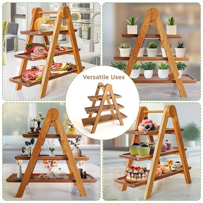 MAJURI 3 Tier Wooden Serving Tray, Halloween Serving Tray, Set of 2 Tongs Free, Tiered Serving Trays for Party, Picnic, Your Perfect Elevated Charcuterie Stand and for 3 Tiered Dessert Stand Lovers