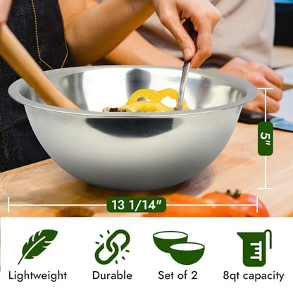 Great Credentials 8 Quart, Set of 2, Mixing Bowls, Stainless Steel, Professional Chef, Commercial Kitchen, 13.25 Inches Diameter, Flat Base