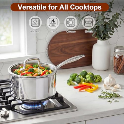 Cook N Home Classic Tri-Ply Clad Stainless Steel Saucepan with Lid, Multipurpose Sauce Pan Kitchen Pot for Cooking, Dishwasher & Oven Safe, Induction Compatible Cookware, 3-Quart