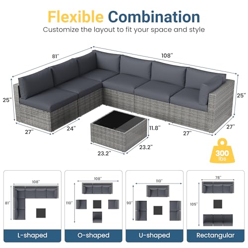 May in Color 7 Pieces Wicker Outdoor Patio Furniture Set, Patio Sectional Sofa with Coffee Table, All-Weather Outdoor Sectional Furniture for Garden Backyard, Grey