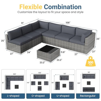 May in Color 7 Pieces Wicker Outdoor Patio Furniture Set, Patio Sectional Sofa with Coffee Table, All-Weather Outdoor Sectional Furniture for Garden Backyard, Grey
