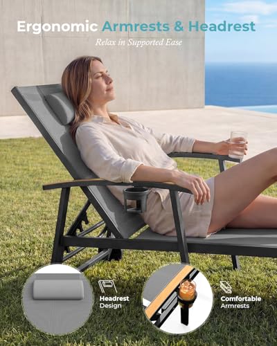 Ciokea Outdoor Lounge Chair with Pillow, 5-Position Aluminum Chaise Lounge with Wheels & Armrests, 400 lbs Heavy Duty Patio Pool Chair for Deck, Backyard, Beach & Poolside, Grey