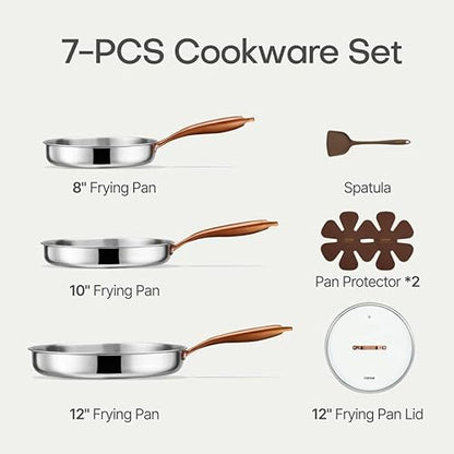 CAROTE 7-Piece Tri-Ply Stainless Steel Frying Pan Set, Skillet Set 8"/10"/12", Induction Compatible, Oven & Dishwasher Safe, Gold Handle