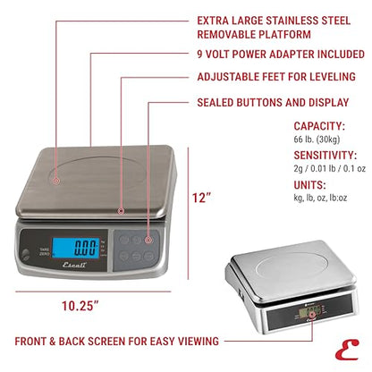 Escali M-Series NSF Certified Digital Kitchen & Industrial Scale, 66 lb Capacity, Dual Display, Spill-Proof, Stainless Steel