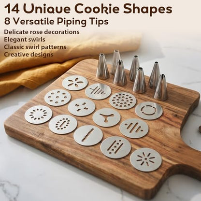 Cookie Press Gun Kit, Stainless Steel – 13 Discs + 8 Nozzles, Perfect for DIY Cookies & Decorating, Baking Gift for Women