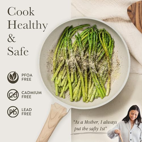 CAROTE Non Stick Frying Pan Skillet Set, Omelet Pan, Healthy Non Toxic Granite Chef Pan, Induction Compatible Egg Frying Pan with Heat-Resistant Handle, PFOA-Free,Cream White,8"+10"+12"