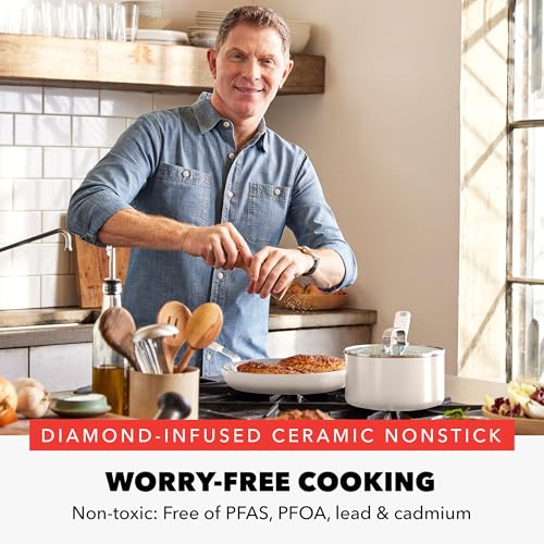 GreenPan x Bobby Flay 4.5QT Nonstick Saute Pan with Glass Lid, PFAS-Free Diamond Ceramic, Induction Suitable, Stay-Cool Silicone Handle, Easy Clean Dishwasher & Oven Safe, Cream