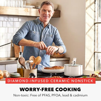 GreenPan x Bobby Flay 4.5QT Nonstick Saute Pan with Glass Lid, PFAS-Free Diamond Ceramic, Induction Suitable, Stay-Cool Silicone Handle, Easy Clean Dishwasher & Oven Safe, Cream