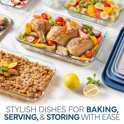 COOK WITH COLOR 8-Piece Deep Glass Baking Dish Set with Plastic Lids – Casserole and Food Storage Containers for Lasagna, Leftovers – Freezer-to-Oven, Microwave & Dishwasher Safe, Blue