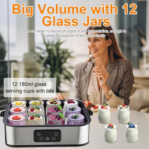 Automatic Yogurt Maker 12 180ml Jars Digital Yogurt Maker Machine Adjustable Temperature 48H Time Control for Fresh Homemade Yogurt Dessert, Led Display Multi-Function 2160ml Electric Yogurt Machine