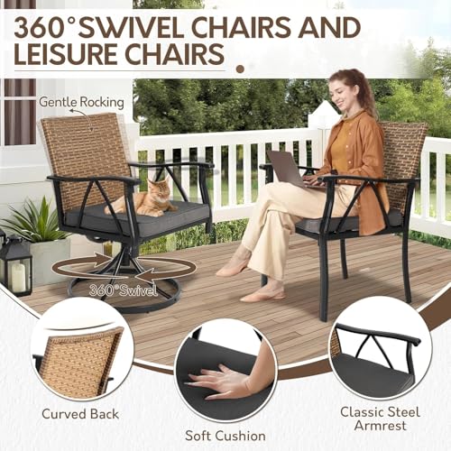 Andehomy 7-Piece Patio Dining Set for 6, Outdoor Dining Set with Wicker Swivel Patio Dining Chairs with Cushions & Black Rectangular Woodgrain Dining Table with 1.75”Umbrella Hole, Black & Brown