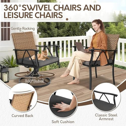 Andehomy 7-Piece Patio Dining Set for 6, Outdoor Dining Set with Wicker Swivel Patio Dining Chairs with Cushions & Black Rectangular Woodgrain Dining Table with 1.75”Umbrella Hole, Black & Brown