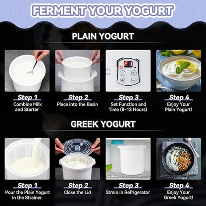 Party Dessert Electric Greek Yogurt Maker Machine with Strainer, Automatic Yogurt Maker for Home Organic Yogurt, Timer Control, BPA-free PP Lid, 2 x Inner Bucket (2 Quarts)