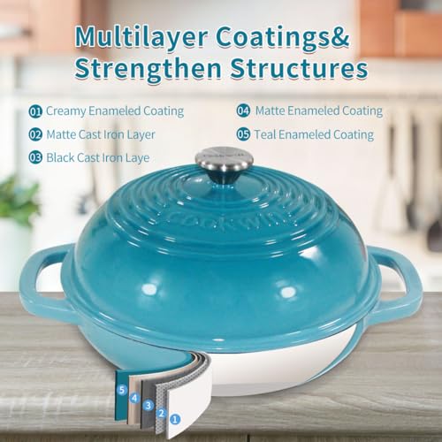 Enameled Cast Iron Bread Oven, 6 Quart Dutch Oven for Bread Sourdough Baking, 11" Thick Enamel Bread Baking Pan Kit with Lid for Stews, Roasts and Gifts for Family, Teal