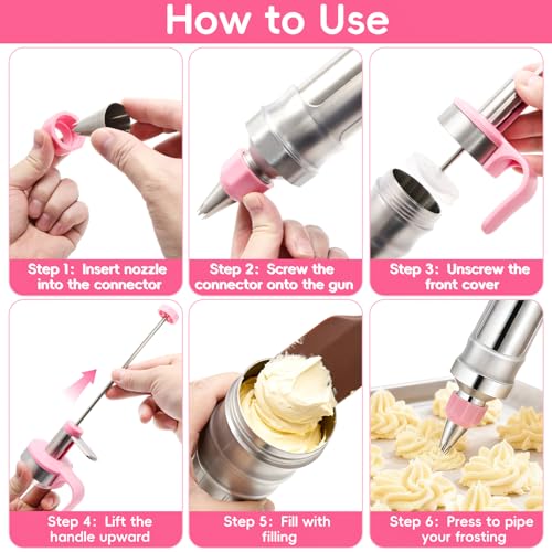 Dessert Decorating Syringe Set, Frosting Piping Kit Stainless Steel Cake Decorating Tools with 6 Piping Tips & 9 Silicone Cupcake, Cake Decorating Kit for Beginners