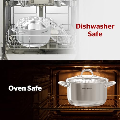 Sunhouse Stock Pot with Lid - 12 QT Large Pot for Cooking Pasta, Soup, Spaghetti - Impact Bonding Base Big Stainless Steel Pots for Canning, Boiling - Oven Safe & Induction Compatible Cookware