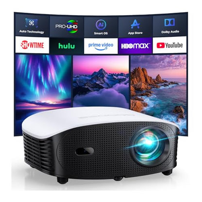 GooDee AI Smart Mini Projector with WiFi and Bluetooth - FHD 4K Support, Compatible with Netflix/YouTube, Auto Focus & Keystone, Dolby Audio Movie Projector for Outdoor Movie Night & Bedroom Theater
