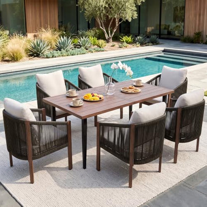 7 Pcs Outdoor Dining Set for 6, Cushioned Chairs & Table with Umbrella Hole