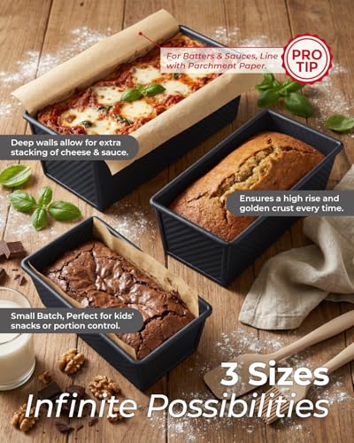 CARTMAN 3-Piece Pullman Loaf Pan with Lid Set – Non-Stick Carbon Steel Bread Pan with Bottom Vents – Includes Large (12.4"), Medium (8.2") & Mini (6.3") Sizes plus Silicone Tools – Classic Black