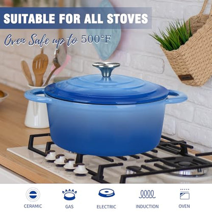5QT Cast Iron Dutch Oven with Lid, Heavy-Duty Enameled Soup Pot with Dual Handles and Oven Safe for Bread Baking, Braising, Cooking and Family Gifts, Blue