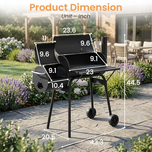 Dopinmin BBQ Charcoal Grill, Outdoor Heavy Duty Cooker oven Barbecue Grill with Offset Smoker & Thermometer, Wheels and Tray for Patio Balcony Picnics, Party and Camping