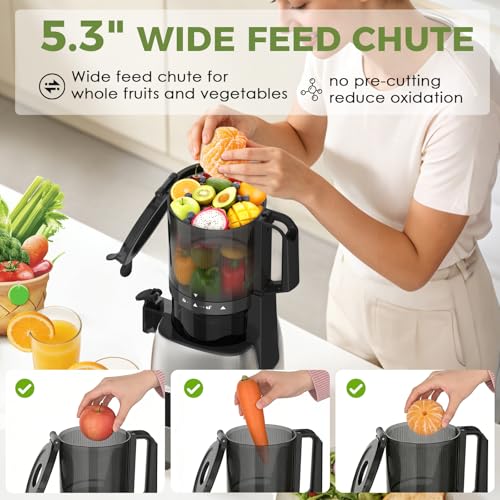 Cold Press Juicer with 5.3" Extra Wide Feed Chute, Slow Masticating Juicers Machines for Whole Fruit and Vegetable, High Yield Fruit Juicer, Easy Clean Design, BPA-Free