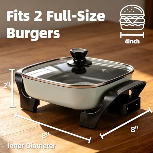 I-Keukenn 8" Electric Skillet with PFAS-Free Non-Stick Ceramic Coating, Removable Electric Frying Pan with Adjustable Temperature, Reversible Design, Tempered Glass Lid, Green