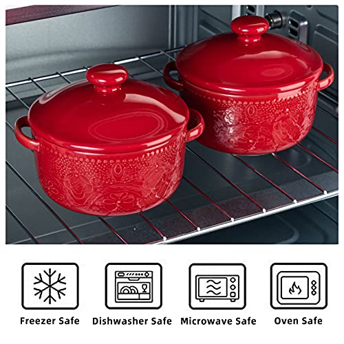 Mini Cocotte Set, 10 OZ Small Casserole Dishes with Lids, Ceramic Kitchen Casserole Sets With Handles, French Onion Soup Bowls, Soup Crocks for French Onion, Desserts, Beef Stew, Cereal, Pot Pies, Set of 4 (Red)