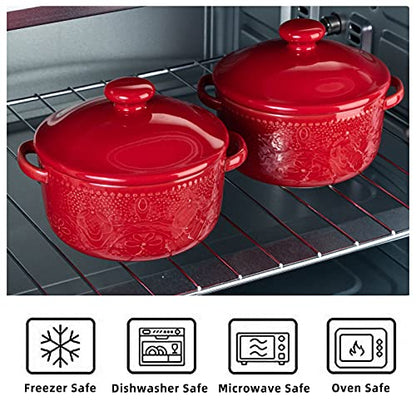 Mini Cocotte Set, 10 OZ Small Casserole Dishes with Lids, Ceramic Kitchen Casserole Sets With Handles, French Onion Soup Bowls, Soup Crocks for French Onion, Desserts, Beef Stew, Cereal, Pot Pies, Set of 4 (Red)