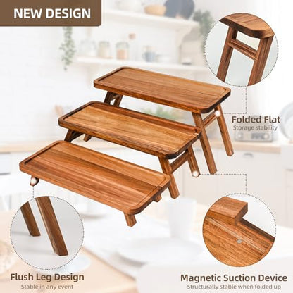 GEHE 3 Tier Serving Tray Acacia Wooden Tiered Tray Stand Foldable Dessert Table Display Set Decor Charcuterie Boards for Party, Birthday, Wedding, Christmas