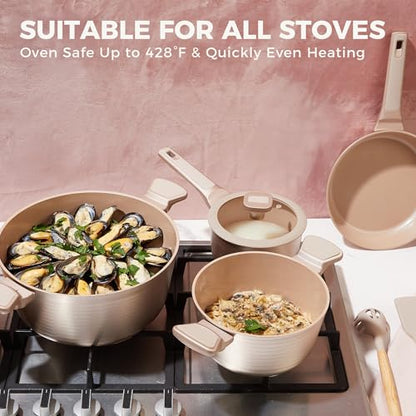 HONGBAKE Pots and Pans Set Nonstick, 26 Pcs All-in-One Kitchen Starter Set with Cookware, Bakeware & Silicone Utensils, Non Toxic Ceramic Coating, Induction & Oven Safe, PFOA PFOS Free, Gold