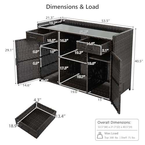 LUMISOL Outdoor Wicker Storage Cabinet with Fridge Space, Patio Bar Table with Adjustable Shelves & Drawers, Outdoor Mini Fridge Bar Cabinet for Pool Garden Kitchen, Black+Brown