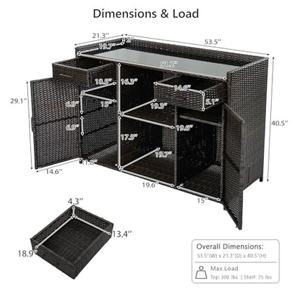 LUMISOL Outdoor Wicker Storage Cabinet with Fridge Space, Patio Bar Table with Adjustable Shelves & Drawers, Outdoor Mini Fridge Bar Cabinet for Pool Garden Kitchen, Black+Brown