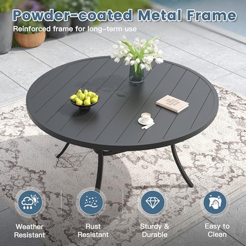 DIFY 11 Pieces Outdoor Patio Dining Set for 10, 60" Black Round Metal Dining Table and 10 Blue Stackable Sling Dining Chairs, Outdoor Table and Chairs for Lawn Garden Backyard Deck