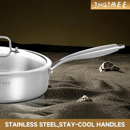 Inqibee Stainless Steel Saute Pan with Lid, 8 QT 13 Inch Tri-Ply Stainless Steel Deep Frying Pan, Large Skillet, Induction Compatible, All Cooktops, Oven & Dishwasher Safe