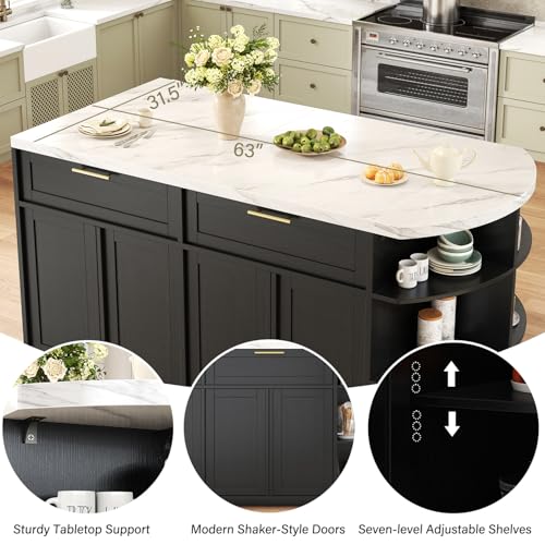 HSH 63” Large Kitchen Island with Seating, White Faux Marble Island Table with 2 Storage Drawers, Cabinets, 3 Open Shelves, Modern Counter Height Stationary Island Prep Table for Kitchen Dining Room