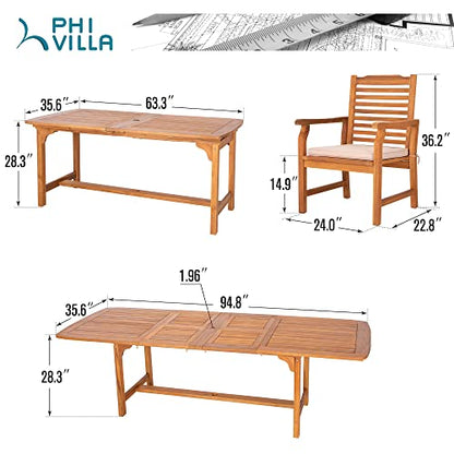 PHI VILLA 7pc Outdoor Dining Set, Expandable Wood Table w/Umbrella Hole